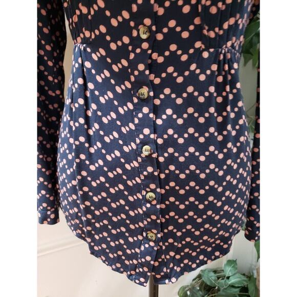 Anthropologie Maeve Navy Pink Polka Dot Long Sleeve Button Down V-Neck Blouse M - Picture 3 of 12